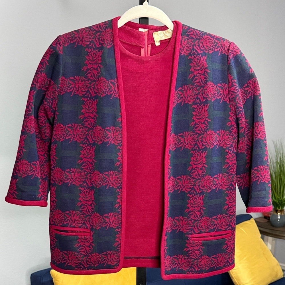 Couture Imports Women's Magenta Purple & Plaid 3-Piece Wool Blazer & Skirt Set